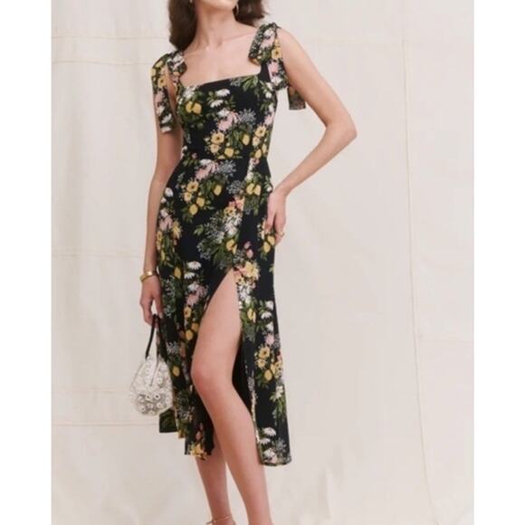 Reformation Twilight Dress Sicilia Black Floral Linen Viscose Midi Sz 4 - Picture 3 of 9